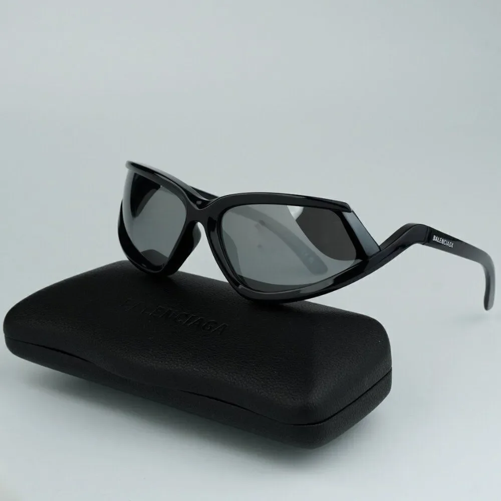 NEW Balenciaga BB0289S 001 Black Silver Mirror Wraparound Unisex Sunglasses